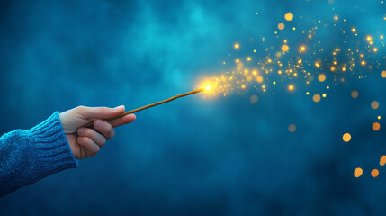 Fototapeta premium Magical wand casting sparkling light against a soft blue background during a night event