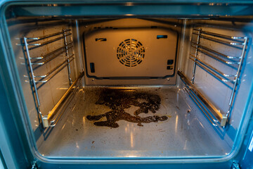 Close up inside view of dirty oven with deposits on bottom