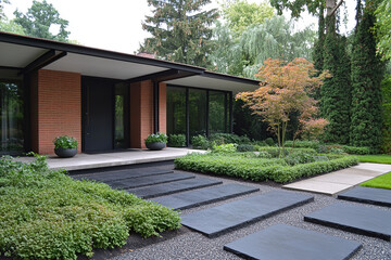 Naklejka premium A modernist house with a flat roof, brick walls, and large windows, surrounded by a simple garden with neatly trimmed bushes and geometrically shaped cobblestone paths leading to an entrance door.
