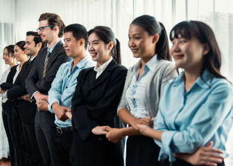 Modern diversity and multicultural company, business people joining hand together and standing in line, shared commitment to collaboration and cooperation concept background. Meticulous