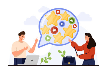 Customer review online service. Tiny people with laptops read result of clients survey, thumbs up, hearts and stars of positive feedback inside speech bubble of comment cartoon vector illustration