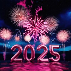 metallic pink balloons in the shape of the writing '2025' with Fireworks Design &ndash; Festive Digital New Year Illustration