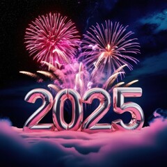 Vibrant metallic pink balloons in the shape of the writing '2025' with Fireworks &ndash; Digital New Year Holiday Art