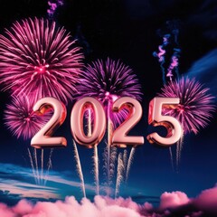 Shiny Metallic Pink 3D &lsquo;2025&rsquo; with Fireworks &ndash; Festive New Year Digital Artwork