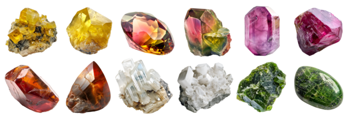 Collection set of gemstone mineral rocks crystal semi-precious stones, on transparent PNG. Corundum, Colemanite, Diaspore, Brookite, anglesite, Diopside. Many style. Mockup template for design