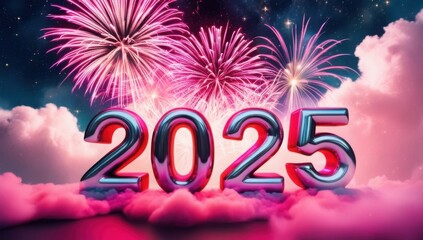Festive 3D Metallic &lsquo;2025&rsquo; with Pink Clouds and Fireworks &ndash; Digital New Year Illustration