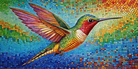 Naklejka premium Colorful hummingbird painting on mosaic tile background