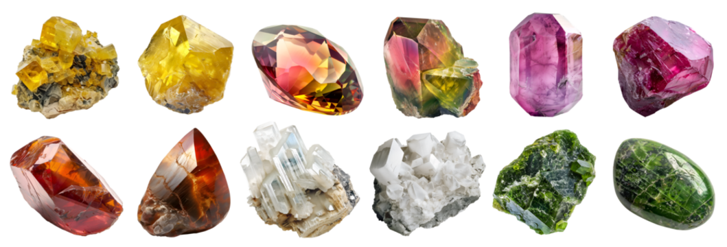 Collection set of gemstone mineral rocks crystal semi-precious stones, on transparent PNG. Corundum, Colemanite, Diaspore, Brookite, anglesite, Diopside. Many style. Mockup template for design