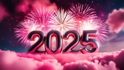 Metallic Pink 3D &lsquo;2025&rsquo; with Fireworks and clouds &ndash; Festive Digital Artwork for New Year