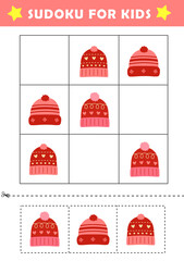Winter activity sheet. Sudoku logical reasoning activity for kids. Fun sudoku puzzle with cute beanie hat illustration. Children educational activity worksheet.
