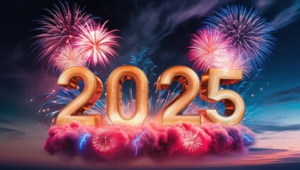 Vibrant 3D &lsquo;2025&rsquo; with Fireworks &ndash; Festive Holiday Digital Artwork