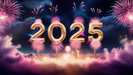 3D Gold &lsquo;2025&rsquo; with Fireworks &ndash; Festive Holiday Digital Art for New Year Celebration
