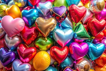 Colorful inflated balloons filled with helium and decorated with hearts