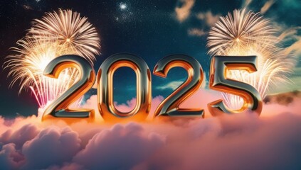 Golden 3D &lsquo;2025&rsquo; with Fireworks &ndash; Vibrant Digital New Year Illustration