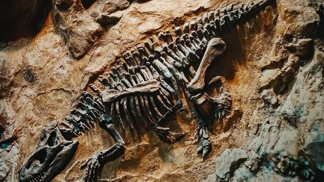 Dinosaur Fossil Skeleton:  A close-up of a dinosaur fossil skeleton embedded in rock, revealing intricate details of its ancient bones. The image evokes a sense of wonder and awe.