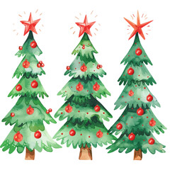 A watercolor painting of a set of Christmas trees, isolated on a white background. Christmas trees vector.