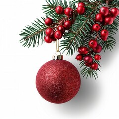a festive arrangement featuring a red Christmas ornament hanging from a branch of a pine tree. The ornament is round and has a glittery texture. The pine branch is adorned with clusters of red berries