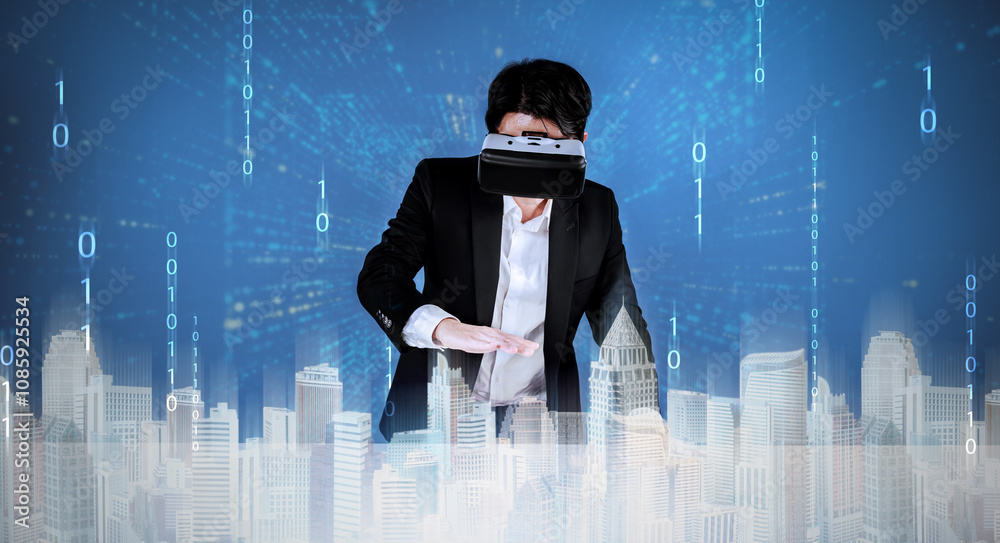 Poster project manager looking and inspecting simulated city with coding engineering prompt. professional b