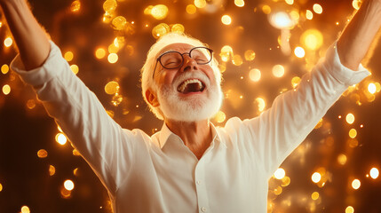 Elderly man joyfully celebrating with arms raised amidst a dazzling display of golden lights