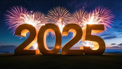 Vibrant 3D &lsquo;2025&rsquo; with Fireworks &ndash; Festive Holiday Digital Artwork