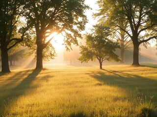 Vibrant orange and yellow hues illuminate a serene meadow, with dew glistening on the grass, trees casting long shadows, and a soft mist hovering above the ground, grass, dew