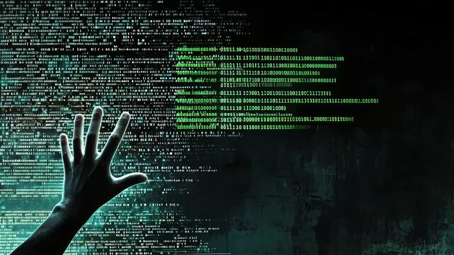 Hacker reaching through digital code data stream