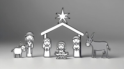 Modern Stylized Nativity Scene with Hand-Drawn Na&iuml;ve Figures &ndash; Minimal Christmas Illustration