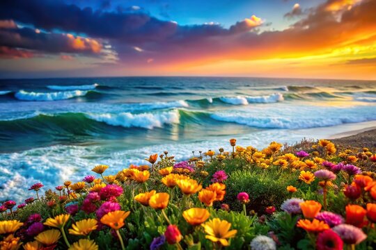 colorful landscape with flowers and waves in soft focus