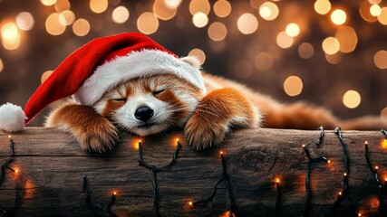 Festive red panda sleeping with santa hat and christmas lights - Powered by Adobe