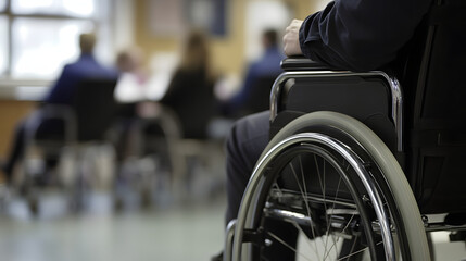 Obraz premium A business manager in a wheelchair leading a team meeting with colleagues of various backgrounds actively participating.