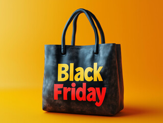 3D black shopping bag with Black Friday in a bold red and yellow font, set against an orange background.