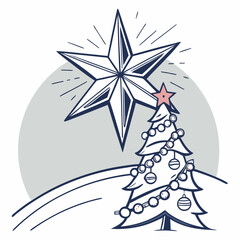 Christmas Tree on Blue and White Background with Snowflakes