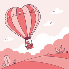 Hot Air Balloon Flying in the Sky, Romantic Hot Air Balloon with Heart, Colorful Balloon Adventure, Aerial Travel and Freedom, Scenic Sky Journey, Dreamy Flight Over Clouds.