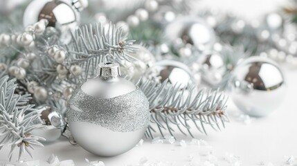 a festive arrangement featuring silver Christmas ornaments and frosted pine branches. The ornaments are shiny and spherical, with some having a glittery texture