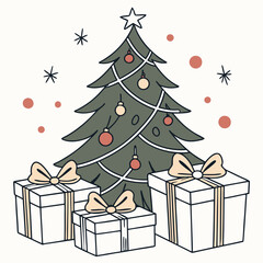 Christmas Tree with Gifts, Christmas Tree and Gift Boxes, Festive Holiday Scene, Christmas Presents Under Tree, Winter Celebration, Colorful Wrapped Gifts, Seasonal Decor, Christmas Eve Atmosphere