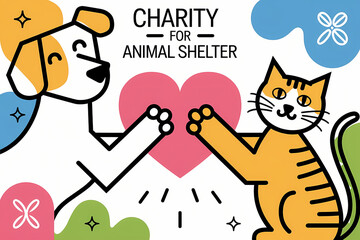 Playful illustration of a dog and cat supporting charity for animal shelter with colorful background