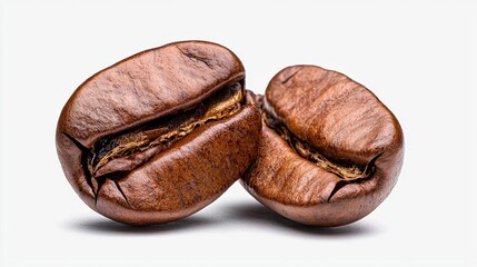 A photostock of a close-up of a roasted coffee bean split open on isolated on transparent PNG background, High Quality.