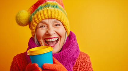 Joyful woman in colorful winter attire holding a bright beverage in front of a yellow backdrop