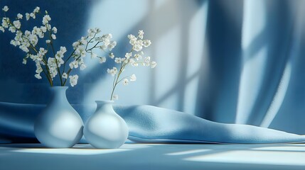 Obraz premium Serene Still Life with Blue Vases and Delicate Blossoms Captured in Soft Natural Light Highlighting Textures and Shadows for Elegant Home Decor