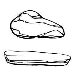 Stones sketch. Vector monochrome illustrations of Natural stone in outline style. Hand drawings in black and white graphics. Outline doodle rock structure. Pebble and boulders painted by black inks