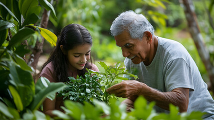 Fototapeta premium An elderly man teaching his granddaughter about gardening both holding plants and surrounded by green foliage.