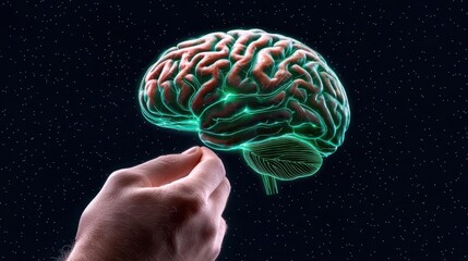 A photostock of a futuristic digital brain in green light on isolated on transparent PNG background, High Quality.