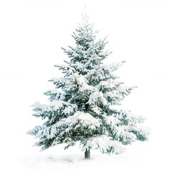 Fototapeta premium a snow-covered evergreen tree, likely a pine or fir tree. The branches are laden with a layer of snow, giving the tree a wintry appearance. The background is white, suggesting a snowy landscape 