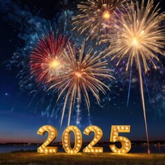 Bright &lsquo;2025&rsquo; in Nighttime Seascape with Fireworks &ndash; Festive Digital Artwork for New Year