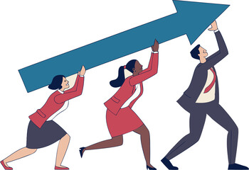 transparent png illustration of a team carrying an upward arrow representing teamwork and growth.