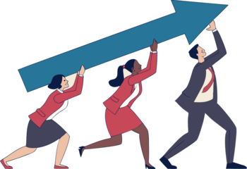 transparent png illustration of a team carrying an upward arrow representing teamwork and growth.