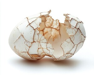 a cracked eggshell fragment with jagged edges, isolated on white background, natural texture, soft lighting