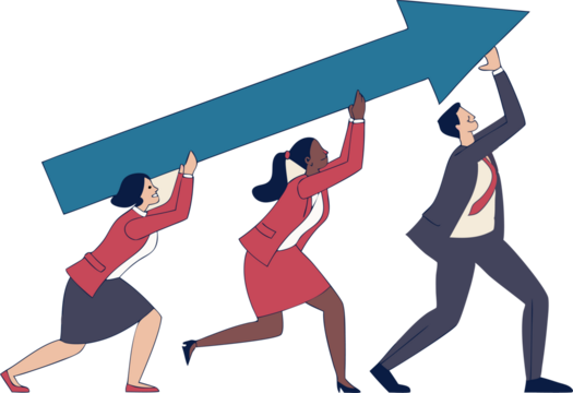 transparent png illustration of a team carrying an upward arrow representing teamwork and growth.