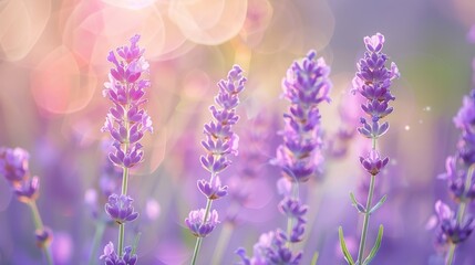 Obraz premium A close-up of a lavender field bathed in soft, dreamy light. The lavender blooms stand out against a pastel sunset background, creating a tranquil and serene atmosphere