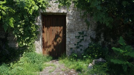 Old wooden door in stone wall